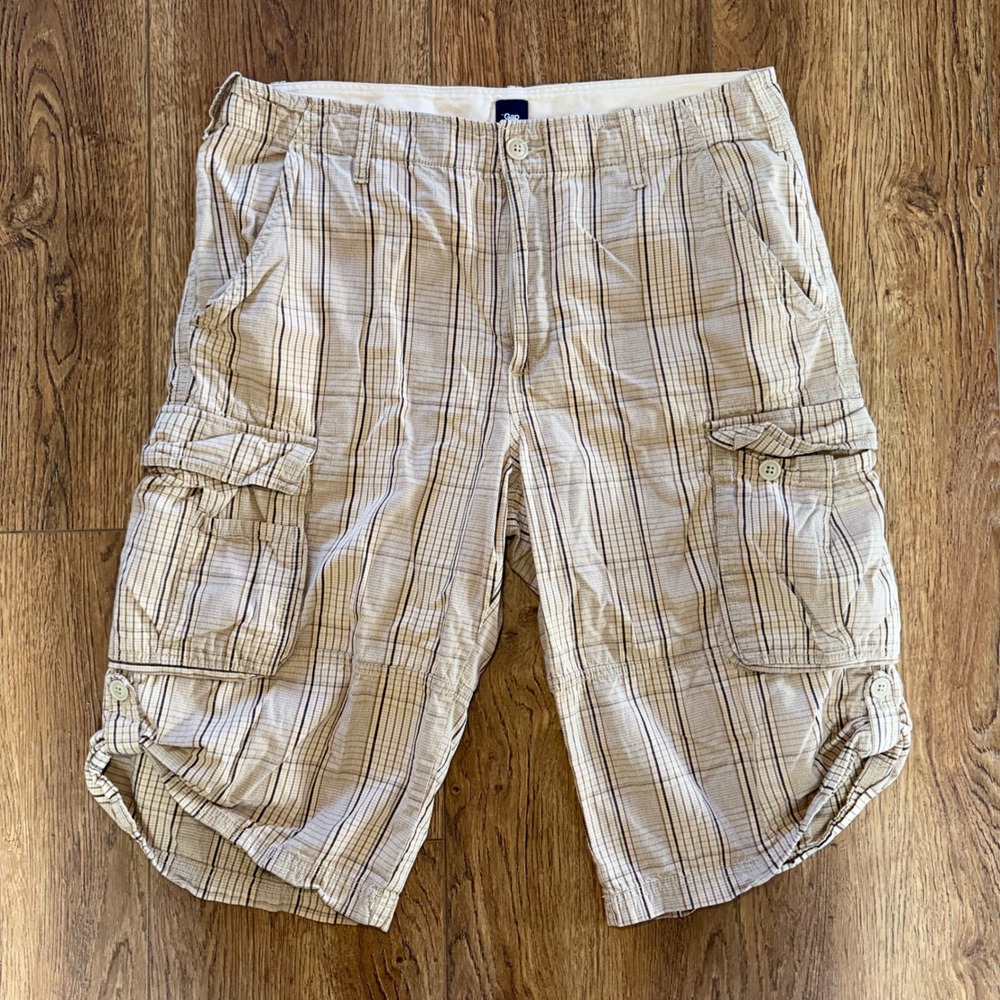 Y2K Gap Mens Cargo Shorts Plaid Tan Brown 100% Cotton Size 35 Pockets Relaxed